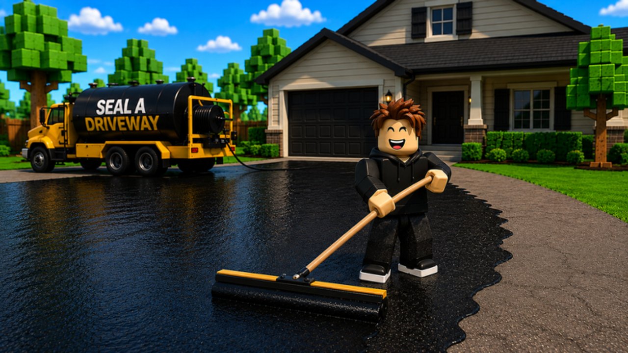 Seal A Driveway worker pulling a squeegee across wet black sealer while a yellow tanker truck waits on a suburban lot